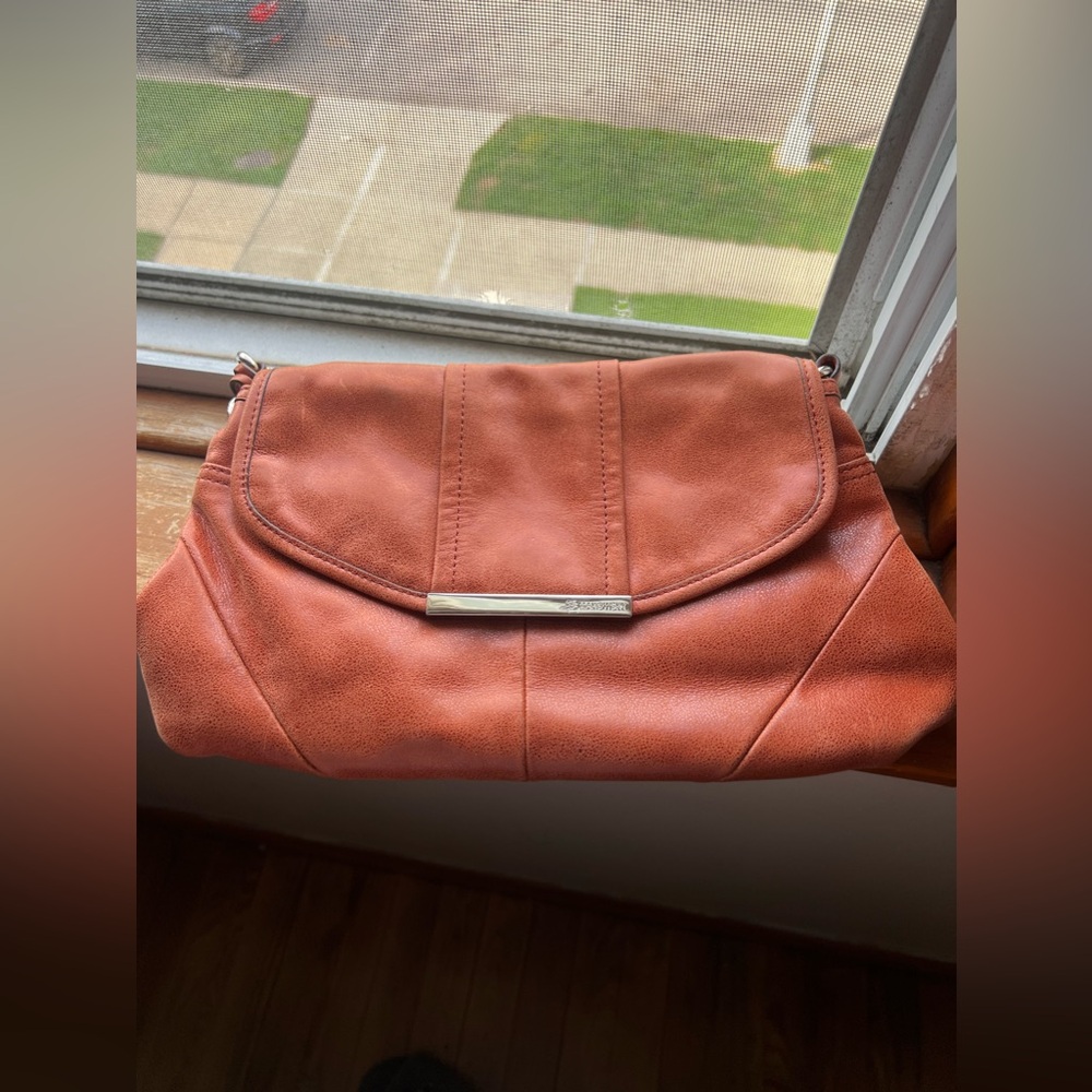 Like new vintage B. Makowsky purse, salmon color with silver handle